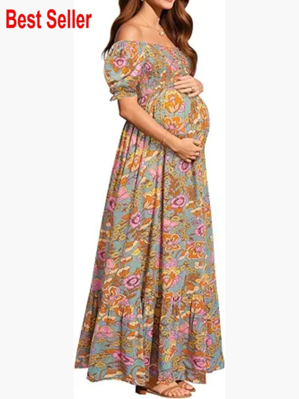 Maternity Maxi Dress Off Shoulder Floral Casual Polyester